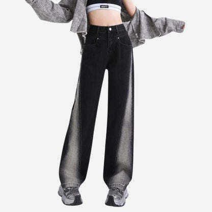 Women’s High Waisted Color Block Jeans Wide Leg Straight Baggy Denim Pants