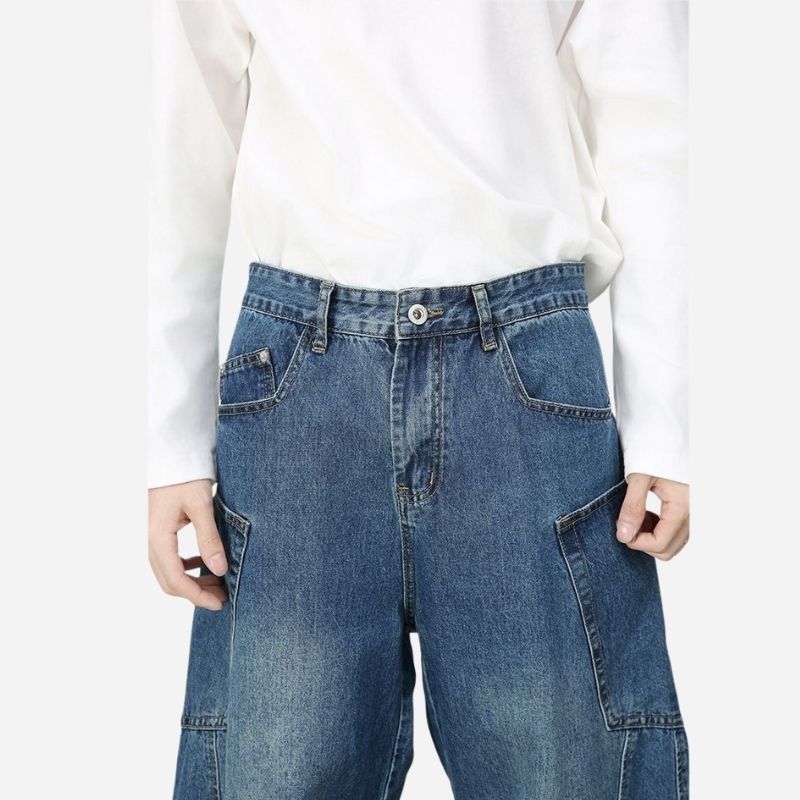 Waistband details of men’s baggy wide leg straight jeans mid rise y2k loose fit denim pants in blue