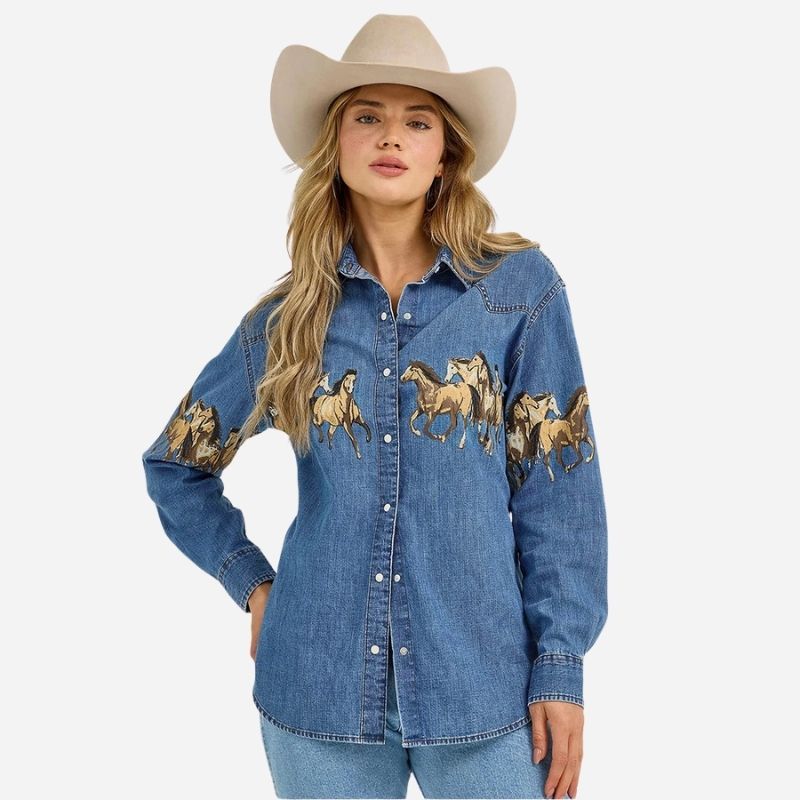 Western horse print denim shirt women long sleeve cowboy top