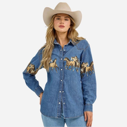 Western horse print denim shirt women long sleeve cowboy top