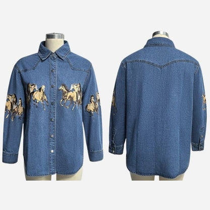 Western horse print denim shirt women long sleeve cowboy top, front and back views
