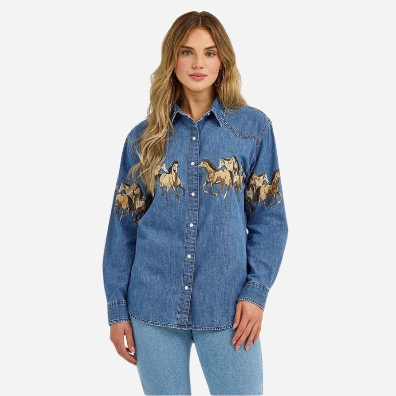 Western horse print denim shirt women long sleeve cowboy top, front view