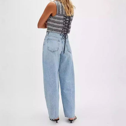 Wide leg baggy jeans for women high waisted front seam loose fit denim in light blue, back view