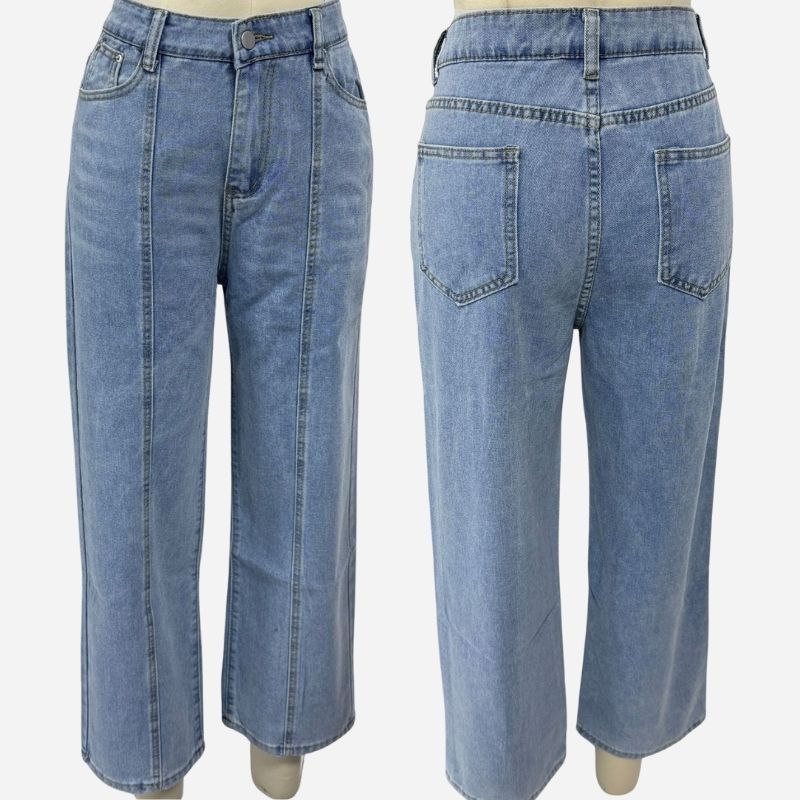 Wide leg baggy jeans for women high waisted front seam loose fit denim in light blue, front and back views