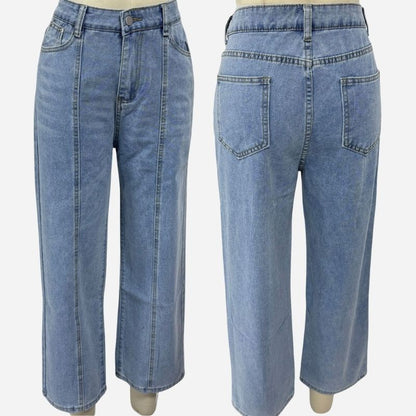 Wide leg baggy jeans for women high waisted front seam loose fit denim in light blue, front and back views