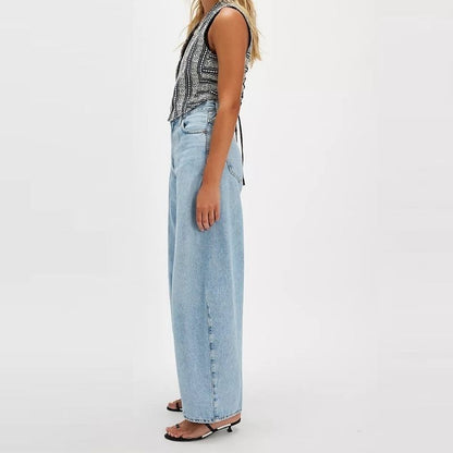 Wide leg baggy jeans for women high waisted front seam loose fit denim in light blue, side view