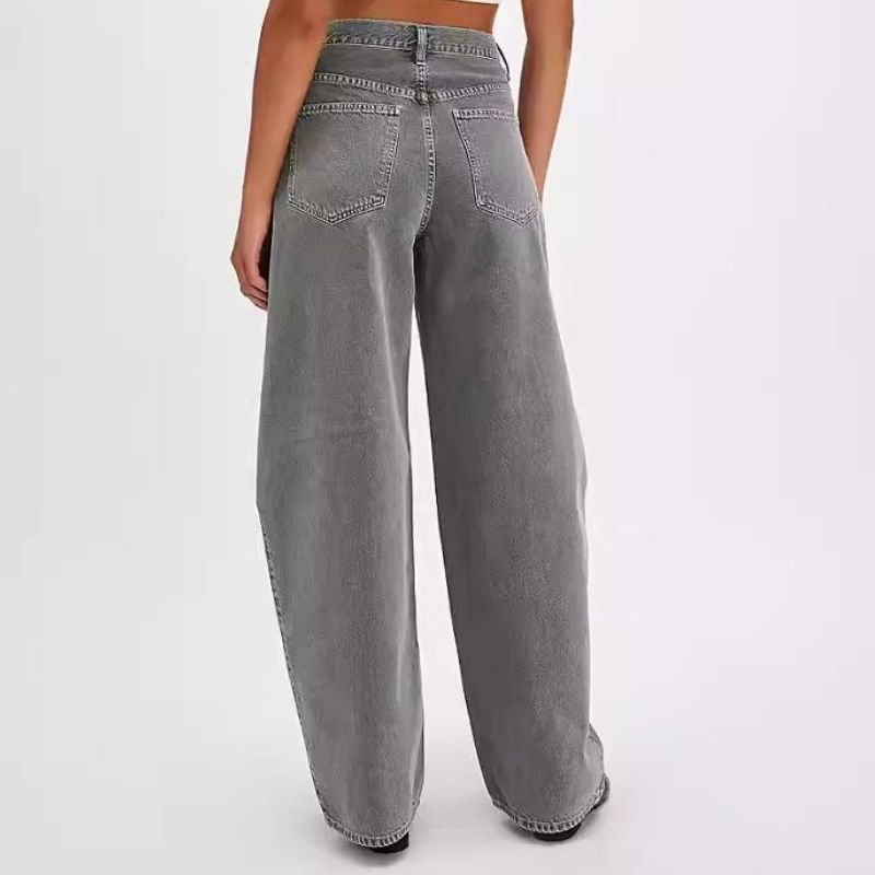 Wide leg baggy jeans for women high waisted front seam loose fit denim in grey, back view
