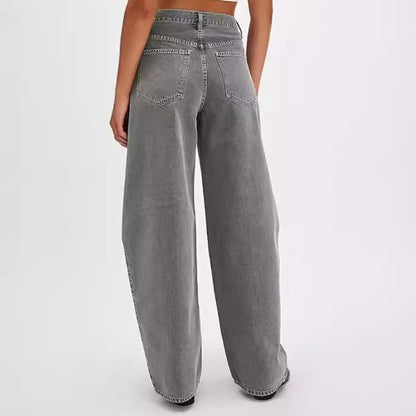 Wide leg baggy jeans for women high waisted front seam loose fit denim in grey, back view