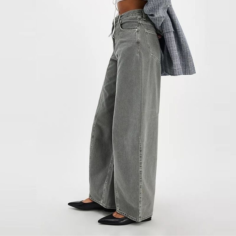 Wide leg baggy jeans for women high waisted front seam loose fit denim in grey, side view