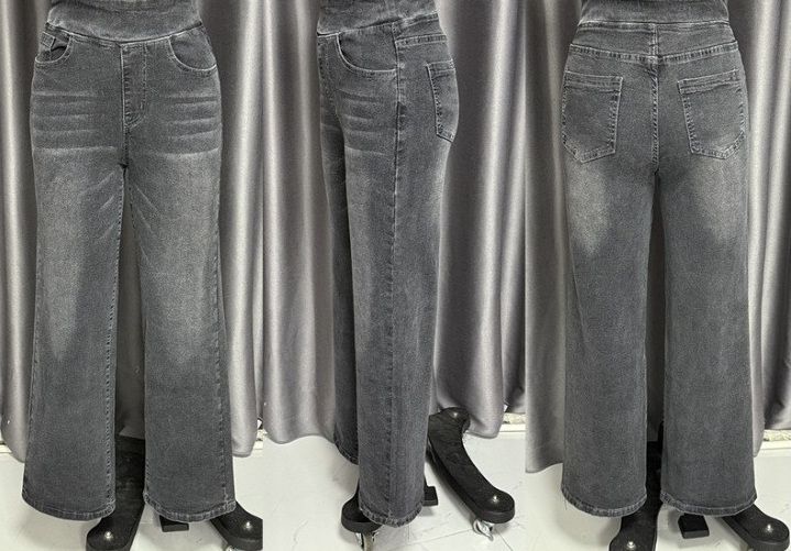 Wide Leg Tummy Control Pull On Sweatpant Jeans Baggy Denim Jeggings for Women front and back views