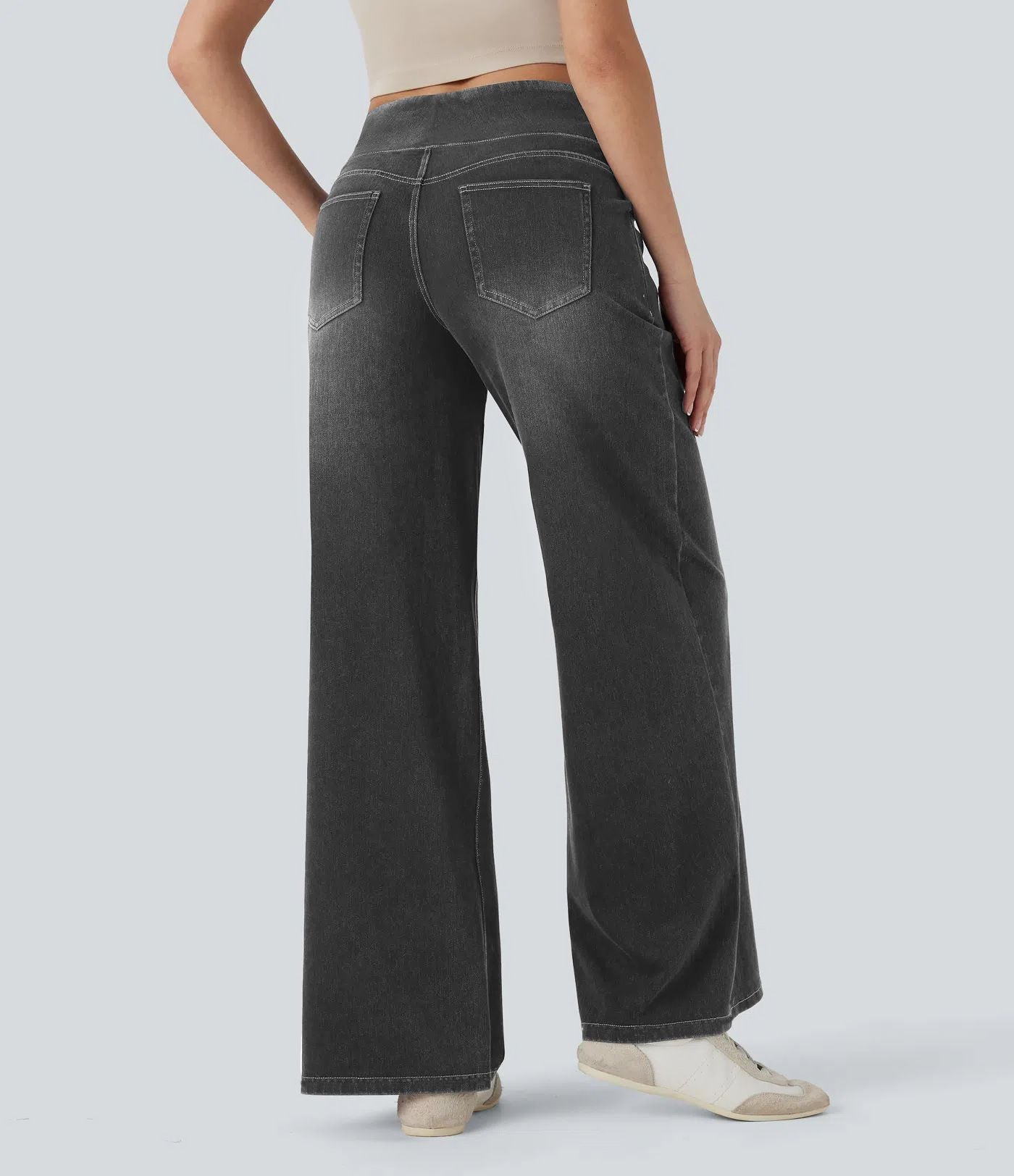 Wide Leg Tummy Control Pull On Sweatpant Jeans Baggy Denim Jeggings for Women back view
