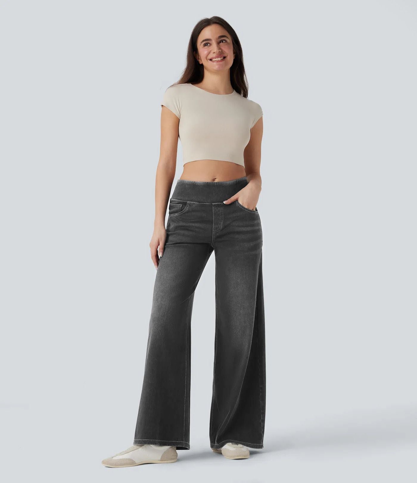 Wide Leg Tummy Control Pull On Sweatpant Jeans Baggy Denim Jeggings for Women