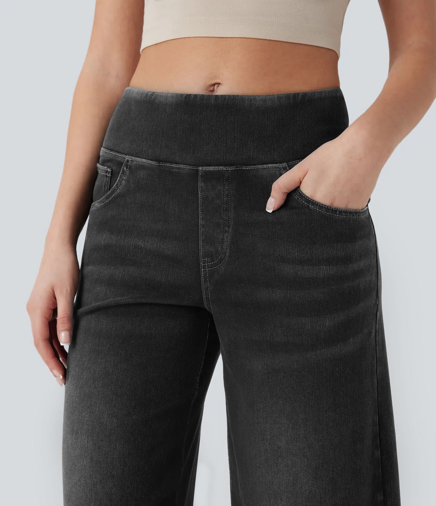 Wide Leg Tummy Control Pull On Sweatpant Jeans Baggy Denim Jeggings for Women details