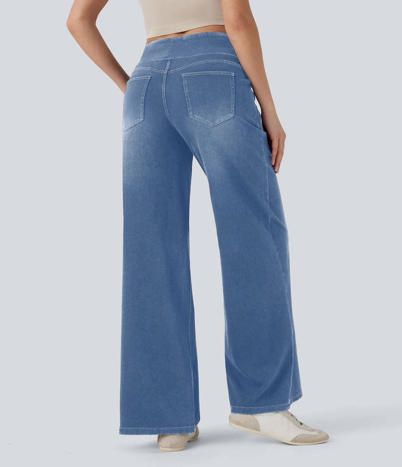 Wide Leg Tummy Control Pull On Sweatpant Jeans Baggy Denim Jeggings for Women back view