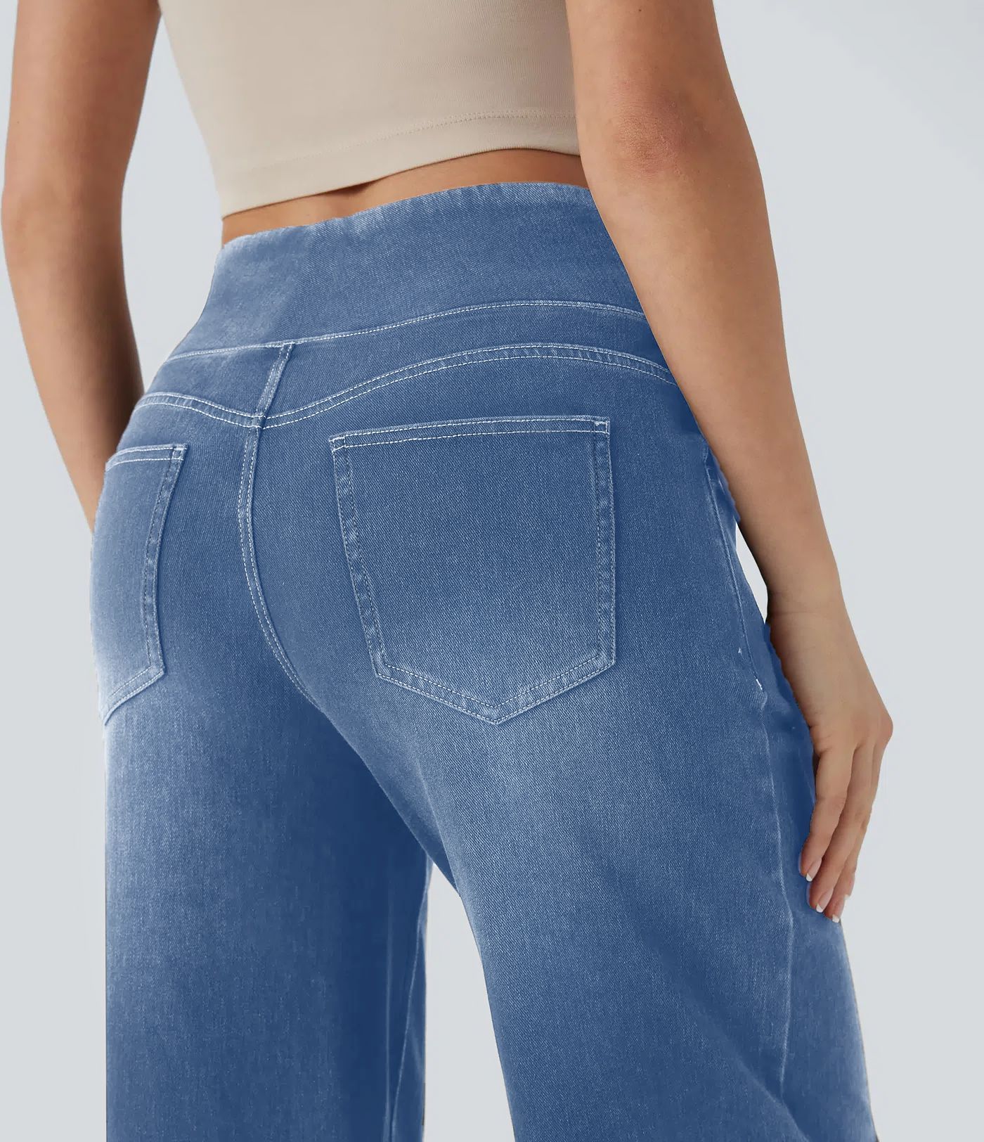 Wide Leg Tummy Control Pull On Sweatpant Jeans Baggy Denim Jeggings for Women back view