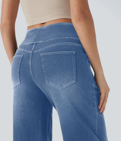 Wide Leg Tummy Control Pull On Sweatpant Jeans Baggy Denim Jeggings for Women back view