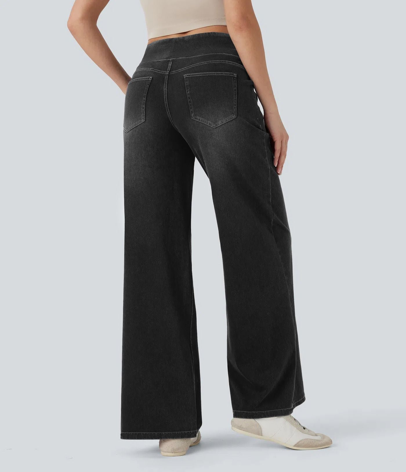 Wide Leg Tummy Control Pull On Sweatpant Jeans Baggy Denim Jeggings for Women back view