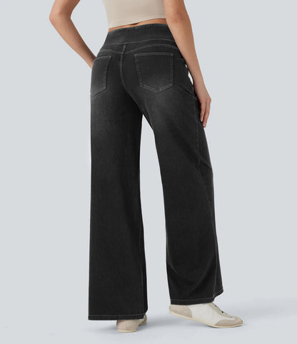 Wide Leg Tummy Control Pull On Sweatpant Jeans Baggy Denim Jeggings for Women back view