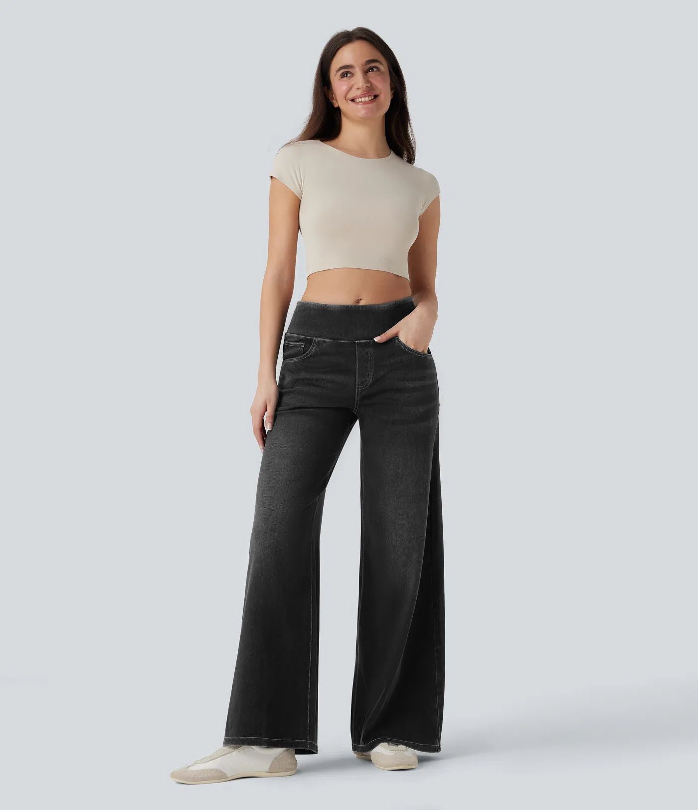 Wide Leg Tummy Control Pull On Sweatpant Jeans Baggy Denim Jeggings for Women