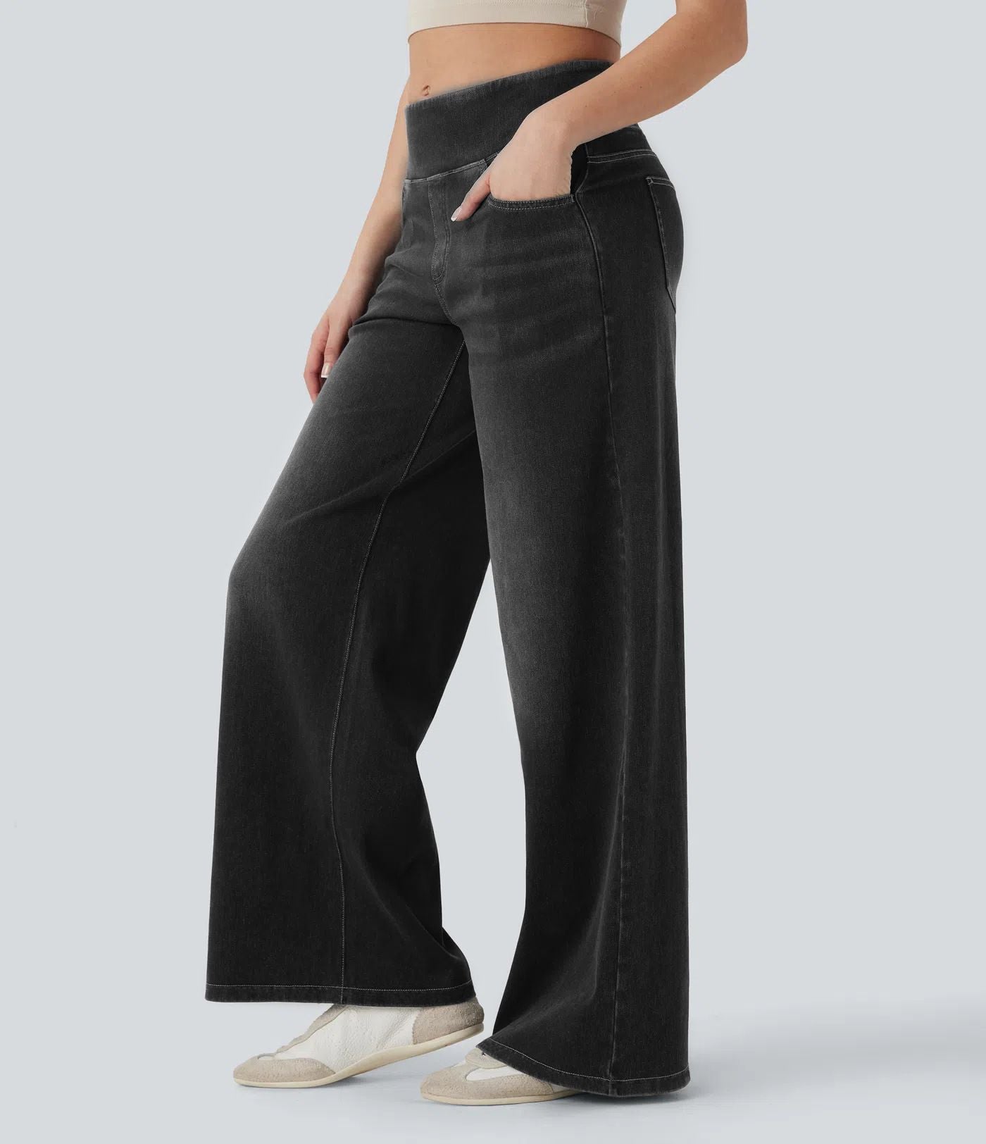 Wide Leg Tummy Control Pull On Sweatpant Jeans Baggy Denim Jeggings for Women