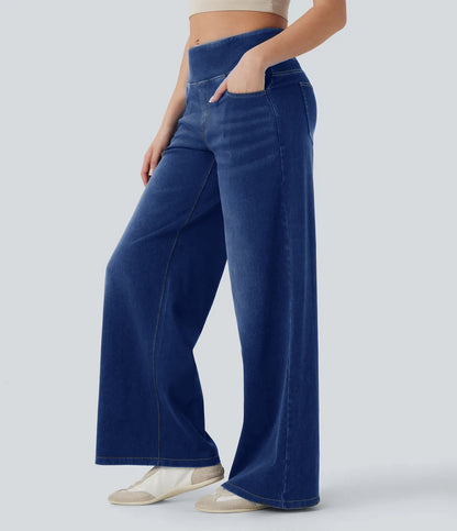 Wide Leg Tummy Control Pull On Sweatpant Jeans Baggy Denim Jeggings for Women