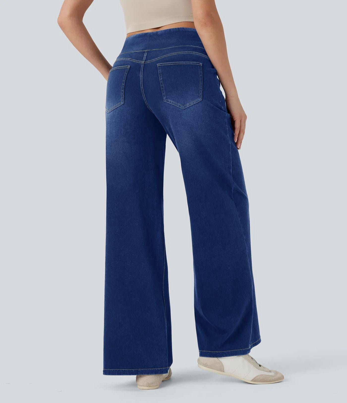 Wide Leg Tummy Control Pull On Sweatpant Jeans Baggy Denim Jeggings for Women back view