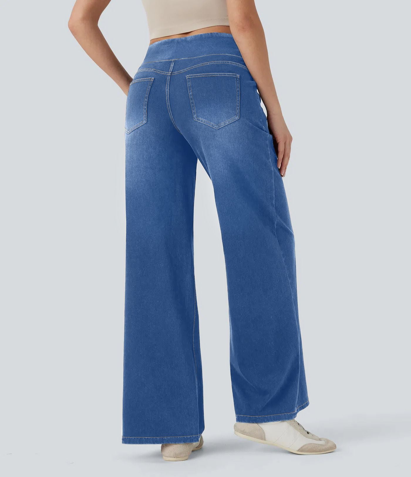 Wide Leg Tummy Control Pull On Sweatpant Jeans Baggy Denim Jeggings for Women back view