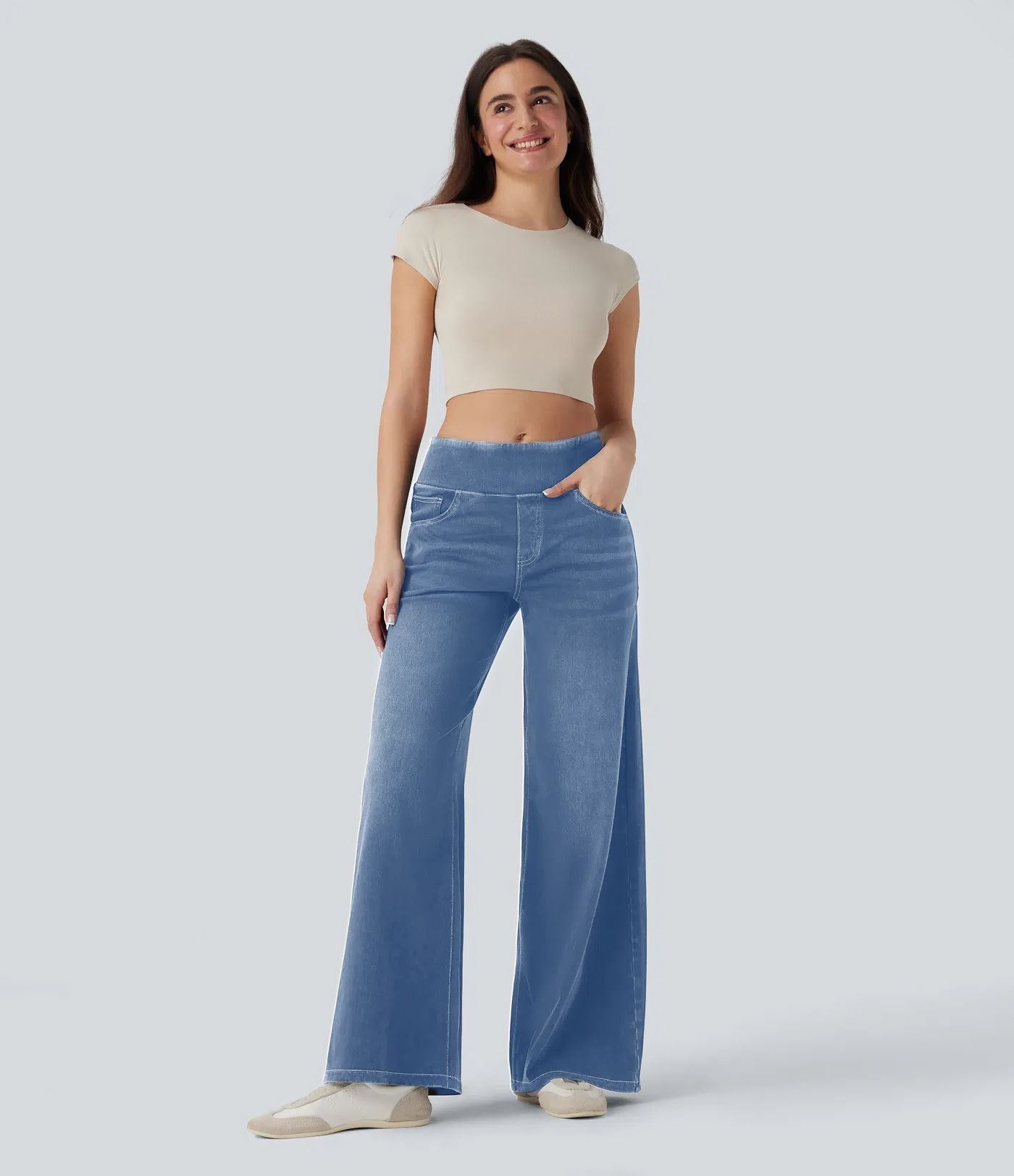 Wide Leg Tummy Control Pull On Sweatpant Jeans Baggy Denim Jeggings for Women