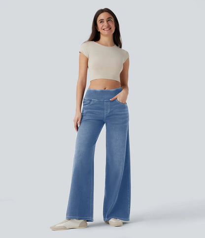 Wide Leg Tummy Control Pull On Sweatpant Jeans Baggy Denim Jeggings for Women