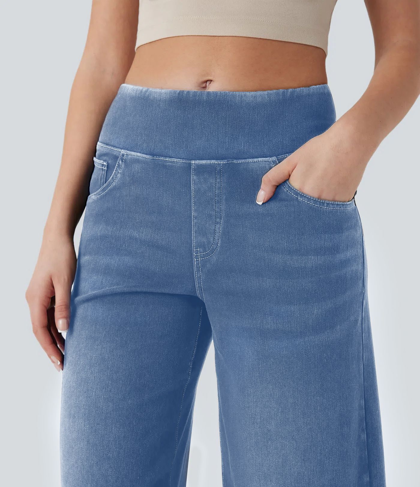 Wide Leg Tummy Control Pull On Sweatpant Jeans Baggy Denim Jeggings for Women details