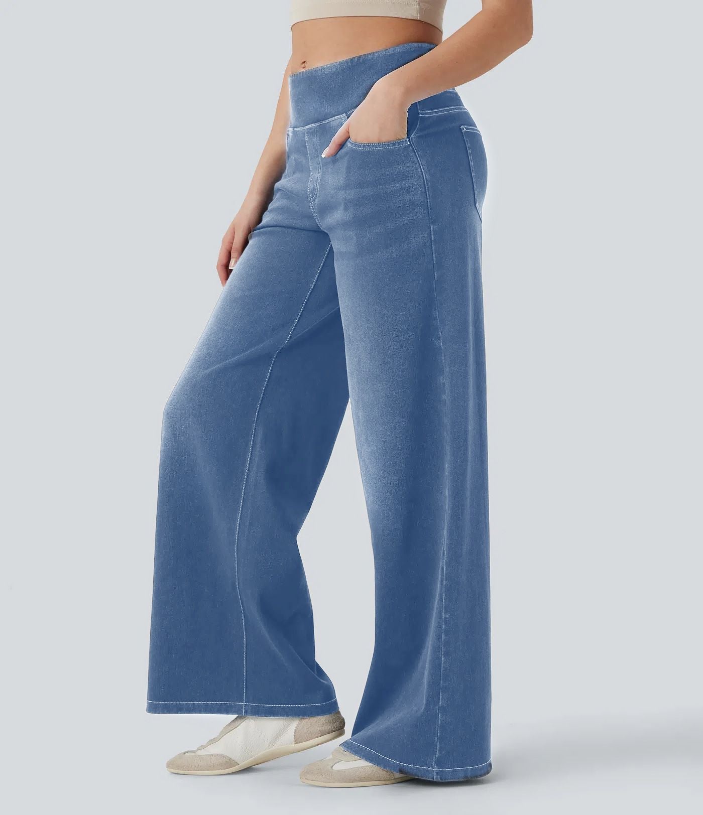 Wide Leg Tummy Control Pull On Sweatpant Jeans Baggy Denim Jeggings for Women