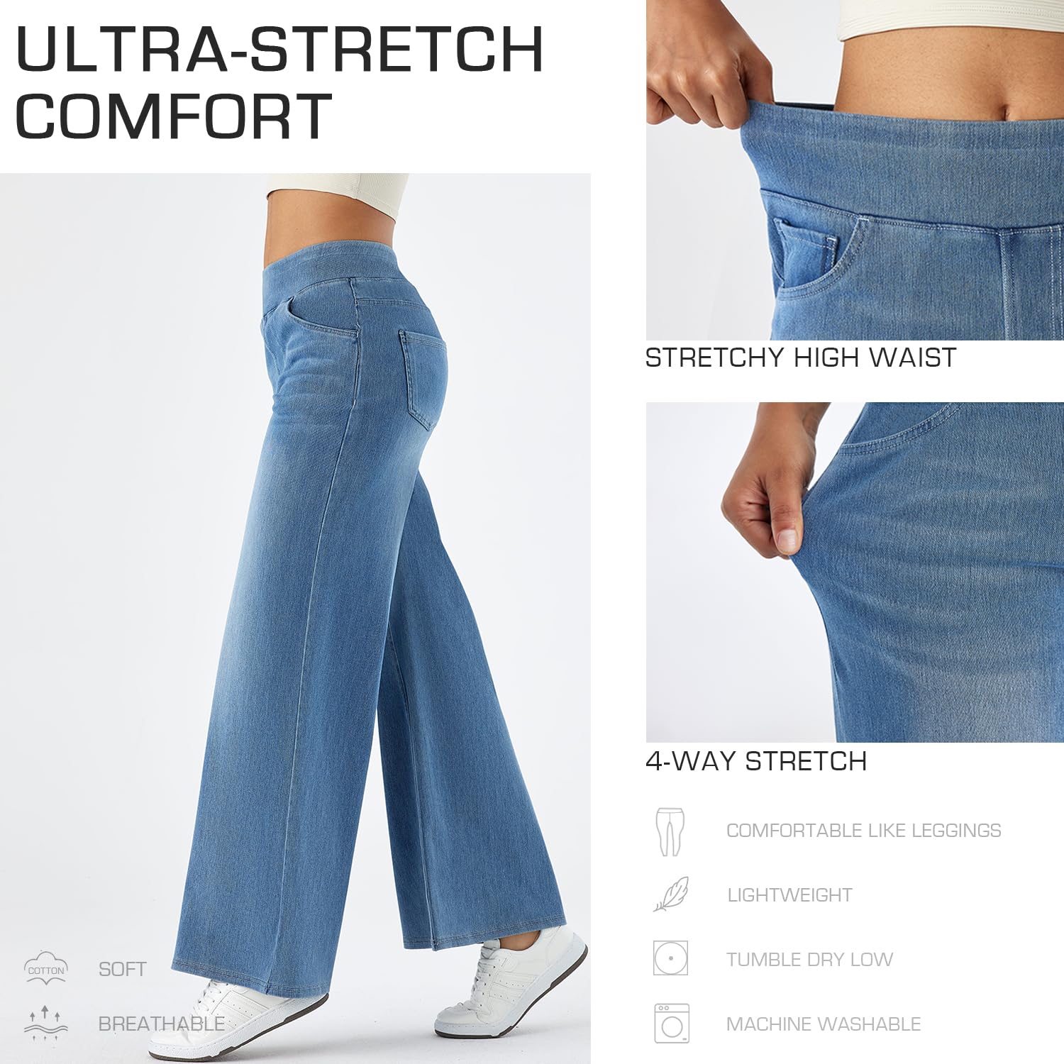 Wide Leg Tummy Control Pull On Sweatpant Jeans Baggy Denim Jeggings for Women details