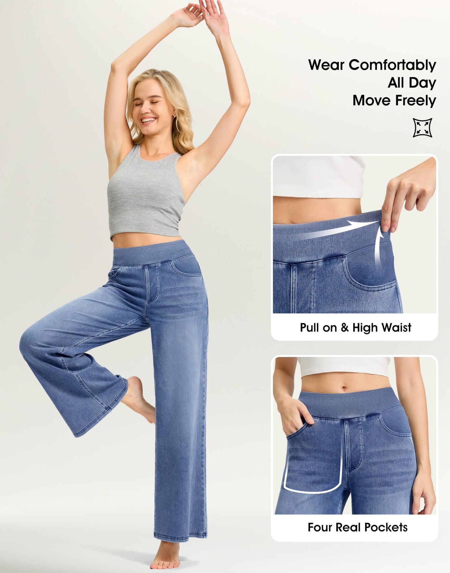Wide Leg Tummy Control Pull On Sweatpant Jeans Baggy Denim Jeggings for Women details