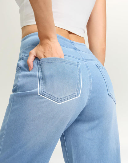 Wide Leg Tummy Control Pull On Sweatpant Jeans Baggy Denim Jeggings for Women back view details