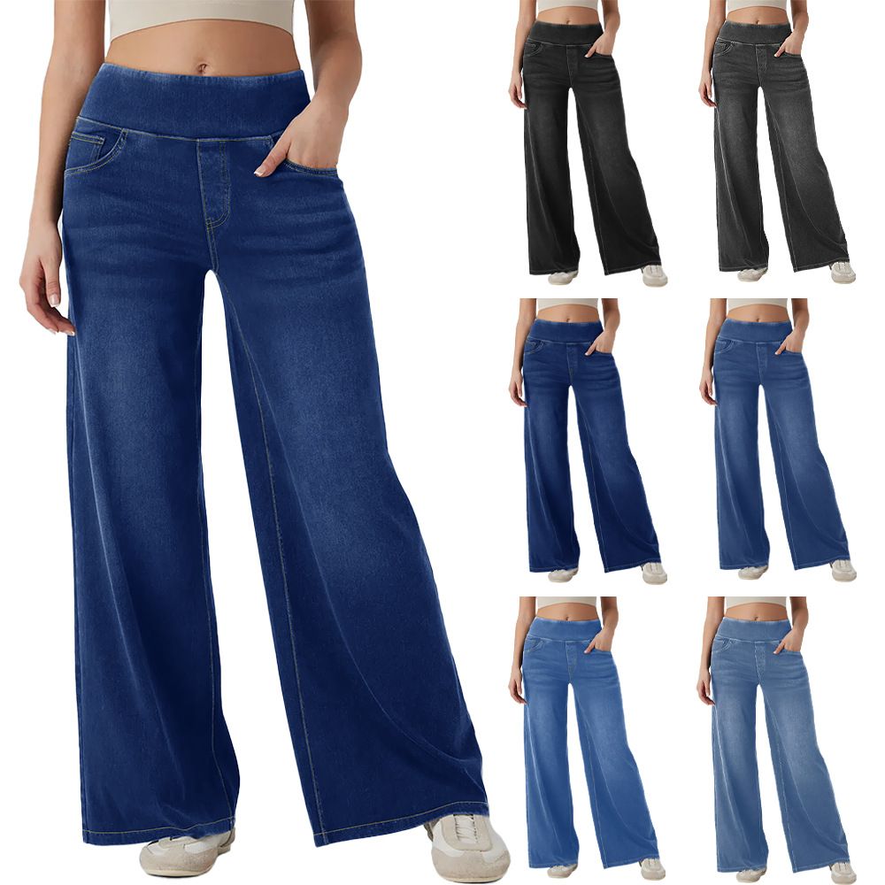 Wide Leg Tummy Control Pull On Sweatpant Jeans Baggy Denim Jeggings for Women with multiple color