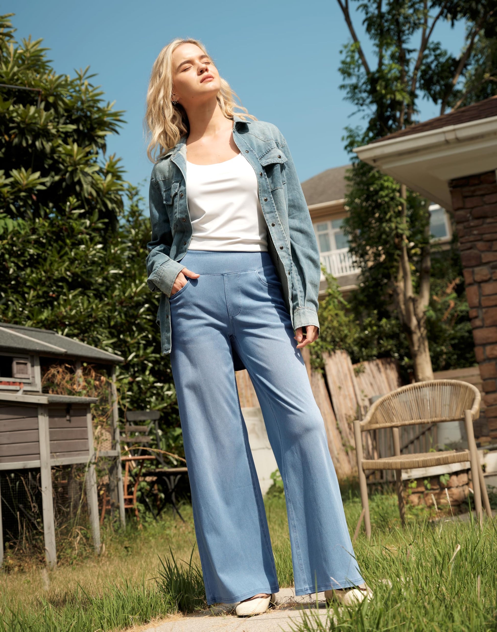 Wide Leg Tummy Control Pull On Sweatpant Jeans Baggy Denim Jeggings for Women