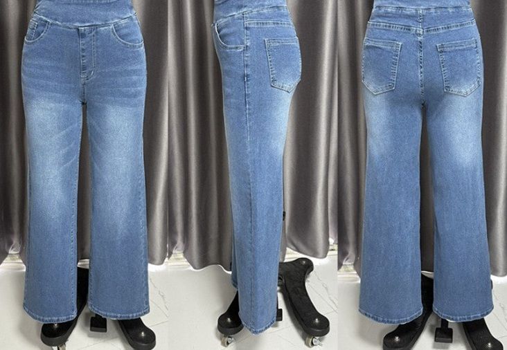 Wide Leg Tummy Control Pull On Sweatpant Jeans Baggy Denim Jeggings for Women with front and back views