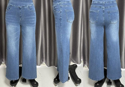 Wide Leg Tummy Control Pull On Sweatpant Jeans Baggy Denim Jeggings for Women with front and back views