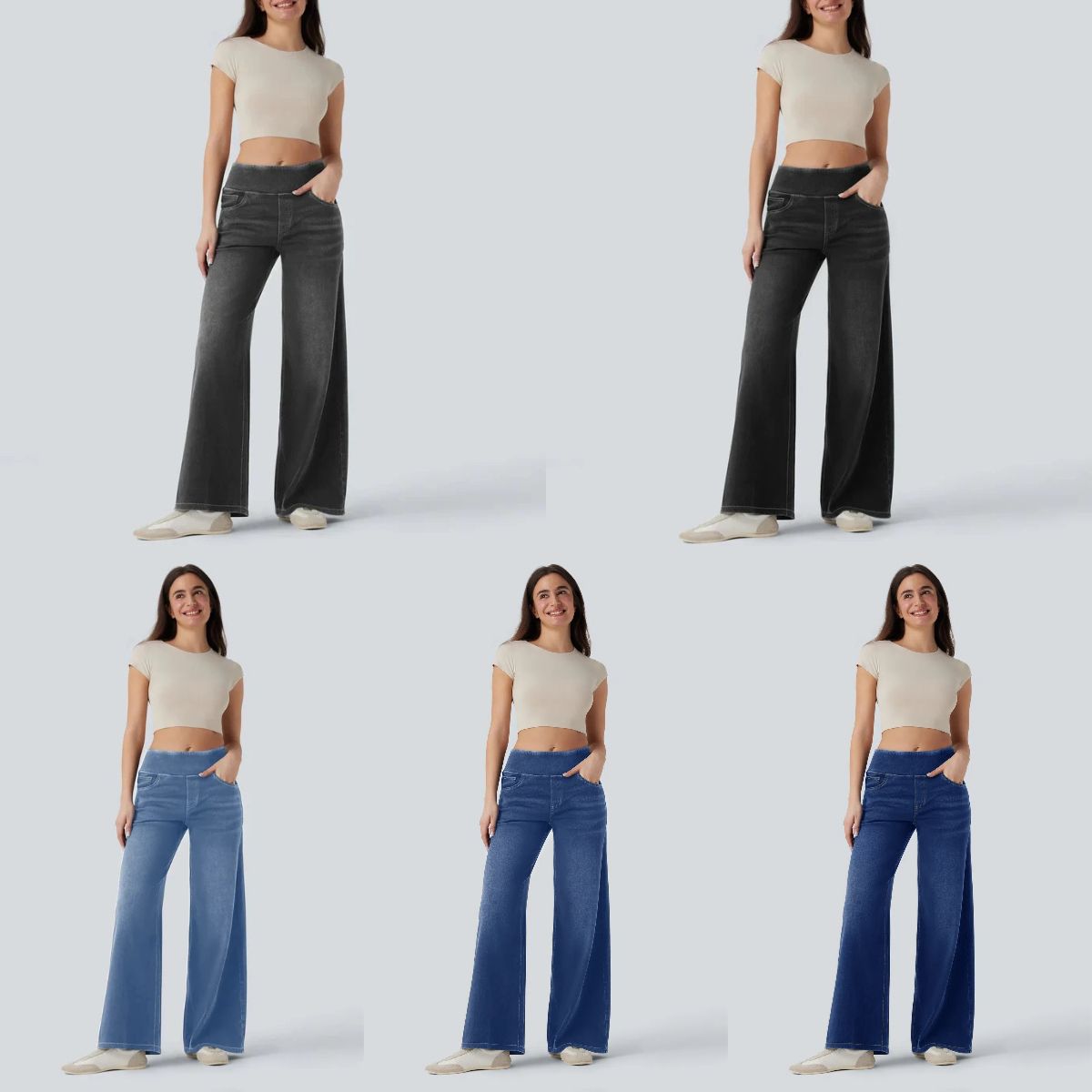 Wide leg tummy control pull on sweatpant jeans baggy denim pants for women, front view