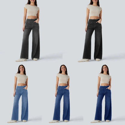 Wide leg tummy control pull on sweatpant jeans baggy denim pants for women, front view