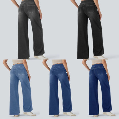 Wide leg tummy control pull on sweatpant jeans baggy denim pants for women, back view