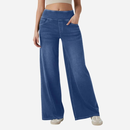 Wide leg tummy control pull on sweatpant jeans baggy denim pants for women in blue, front view