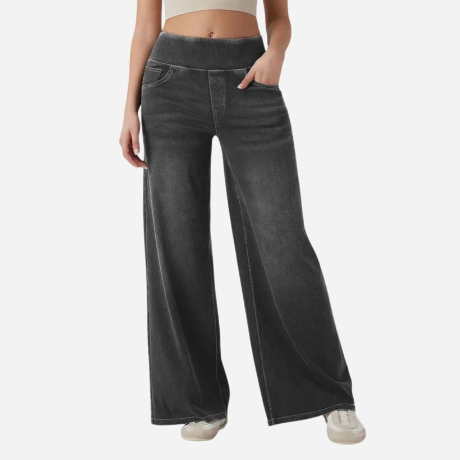 Wide leg tummy control pull on sweatpant jeans baggy denim pants for women in navy, grey view