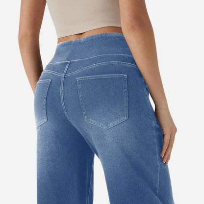 Wide leg tummy control pull on sweatpant jeans baggy denim pants for women in light blue, details view