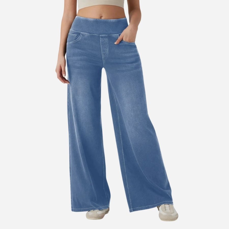 Wide leg tummy control pull on sweatpant jeans baggy denim pants for women in light blue, front view