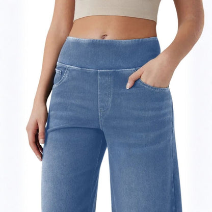 Wide leg tummy control pull on sweatpant jeans baggy denim pants for women in light blue, waistband details view