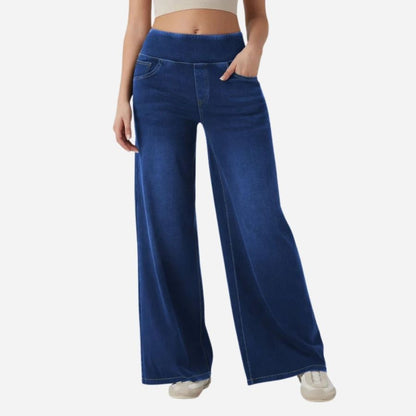 Wide leg tummy control pull on sweatpant jeans baggy denim pants for women in navy, front view
