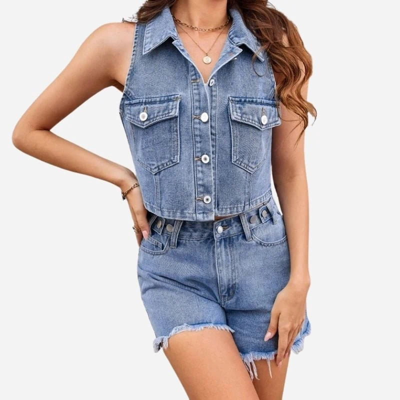 women denim vest and shorts set sleeveless two piece outfit