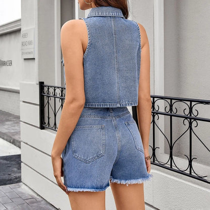women denim vest and shorts set sleeveless two piece outfit, back view