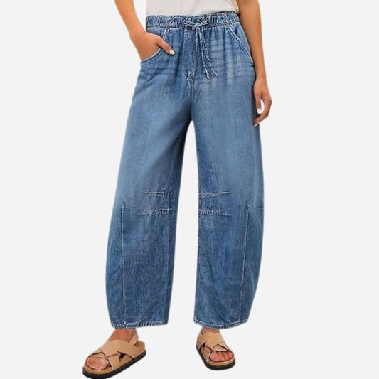 women barrel jeans wide leg drawstring baggy denim pants, light blue